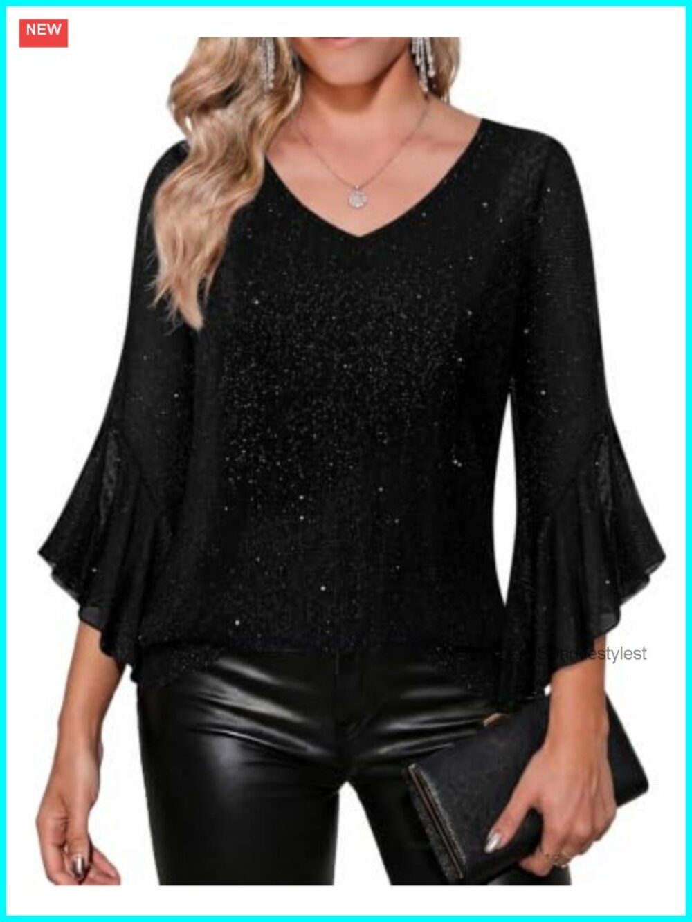 Zeagoo Women's 3/4 Ruffle Sleeve V-Neck Sequin Top Mesh Tunic Blouse